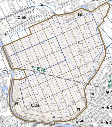 松潟とその周辺の地図。町の範囲を重ねている