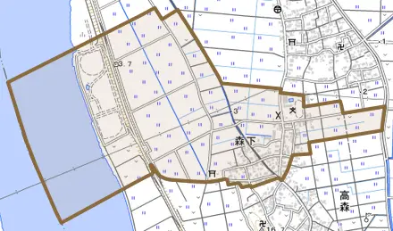 森下とその周辺の地図。町の範囲を重ねている