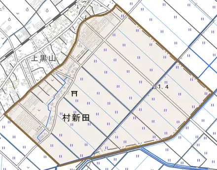 村新田とその周辺の地図。町の範囲を重ねている