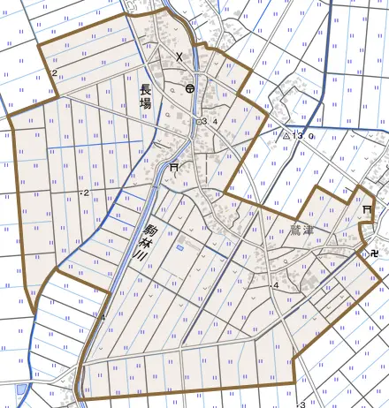 長場とその周辺の地図。町の範囲を重ねている