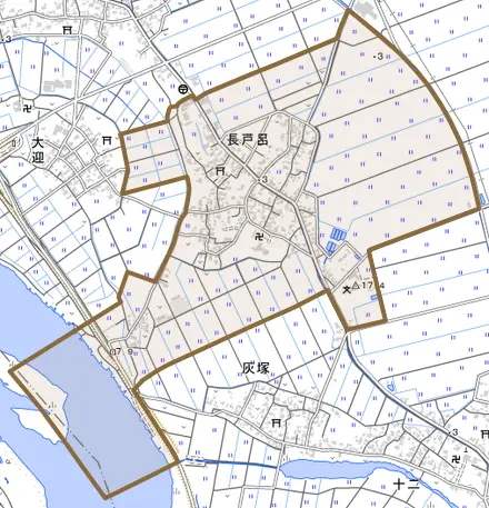 長戸呂とその周辺の地図。町の範囲を重ねている