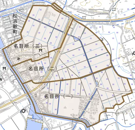名目所とその周辺の地図。町の範囲を重ねている