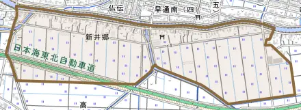 新井郷とその周辺の地図。町の範囲を重ねている