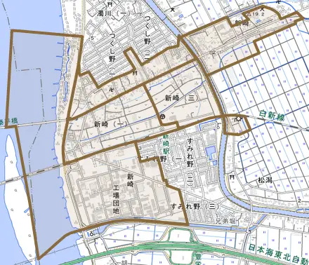 新崎とその周辺の地図。町の範囲を重ねている