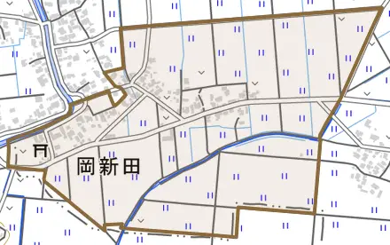 岡新田とその周辺の地図。町の範囲を重ねている