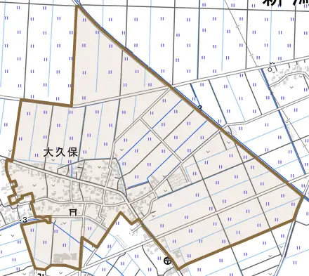 大久保とその周辺の地図。町の範囲を重ねている