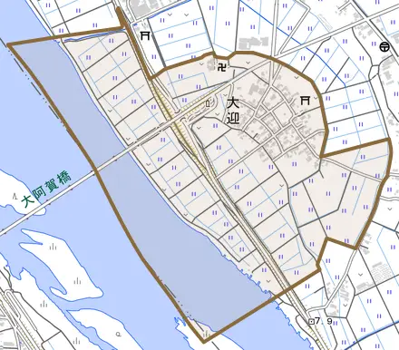 大迎とその周辺の地図。町の範囲を重ねている