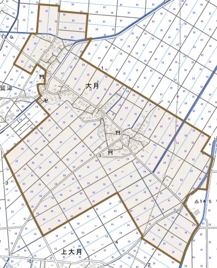 大月とその周辺の地図。町の範囲を重ねている
