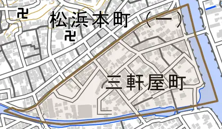 三軒屋町とその周辺の地図。町の範囲を重ねている