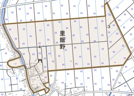 里飯野とその周辺の地図。町の範囲を重ねている