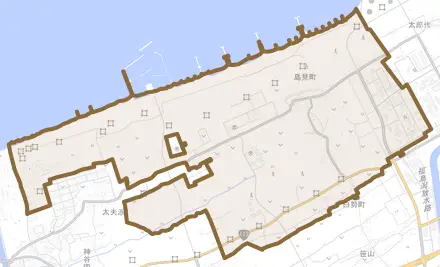 島見町とその周辺の地図。町の範囲を重ねている