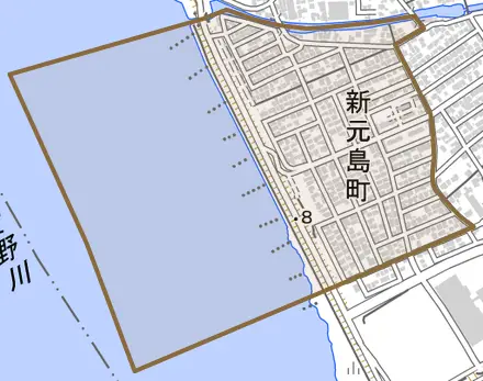 新元島町とその周辺の地図。町の範囲を重ねている