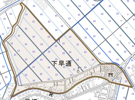 下早通とその周辺の地図。町の範囲を重ねている