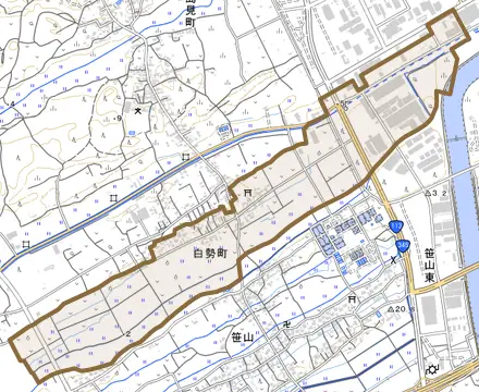 白勢町とその周辺の地図。町の範囲を重ねている