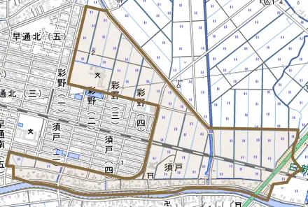 須戸とその周辺の地図。町の範囲を重ねている