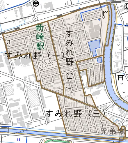 すみれ野とその周辺の地図。町の範囲を重ねている