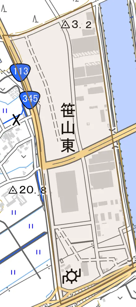 笹山東とその周辺の地図。町の範囲を重ねている