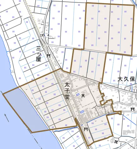 太子堂とその周辺の地図。町の範囲を重ねている