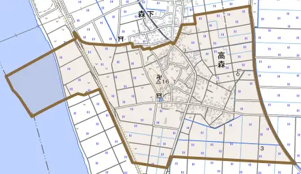 高森とその周辺の地図。町の範囲を重ねている