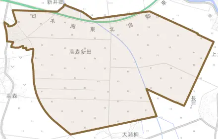 高森新田とその周辺の地図。町の範囲を重ねている