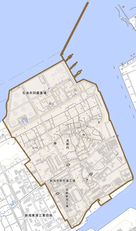 太郎代とその周辺の地図。町の範囲を重ねている