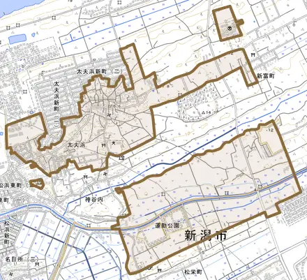 太夫浜とその周辺の地図。町の範囲を重ねている