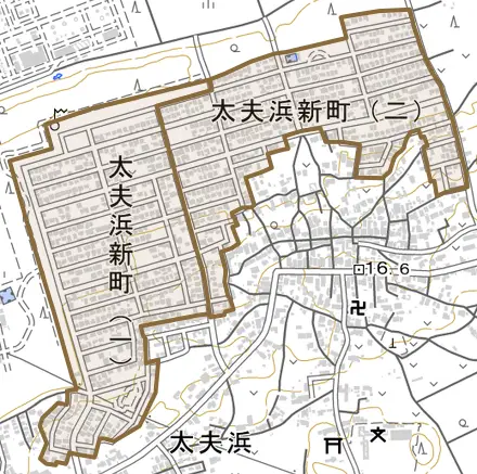 太夫浜新町とその周辺の地図。町の範囲を重ねている