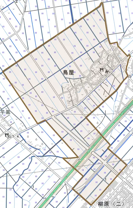鳥屋とその周辺の地図。町の範囲を重ねている