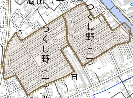 つくし野とその周辺の地図。町の範囲を重ねている