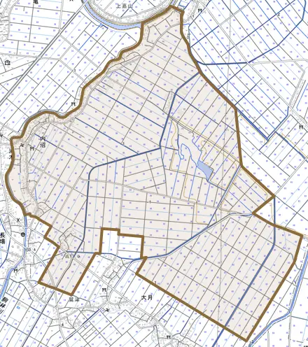 内沼とその周辺の地図。町の範囲を重ねている