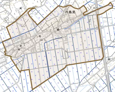 内島見とその周辺の地図。町の範囲を重ねている