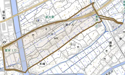 浦ノ入とその周辺の地図。町の範囲を重ねている