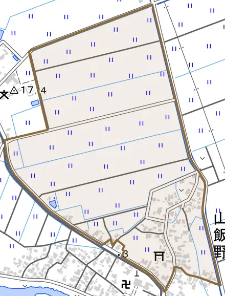 山飯野とその周辺の地図。町の範囲を重ねている