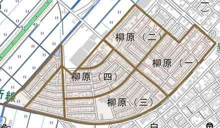 柳原とその周辺の地図。町の範囲を重ねている