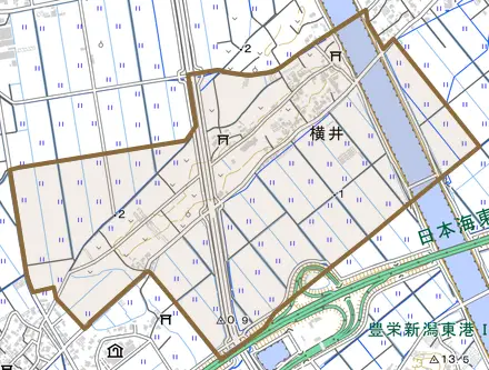 横井とその周辺の地図。町の範囲を重ねている