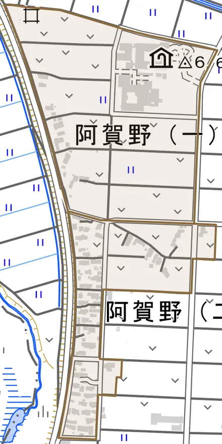 阿賀野とその周辺の地図。町の範囲を重ねている