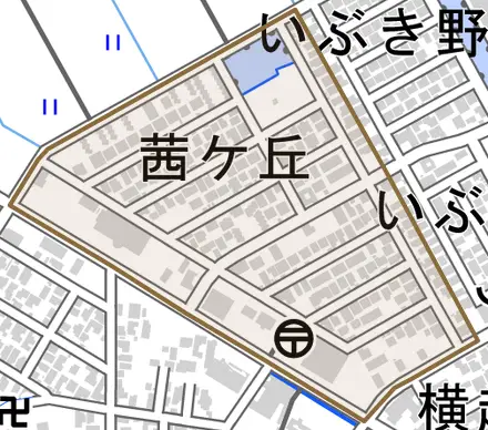 茜ケ丘とその周辺の地図。町の範囲を重ねている