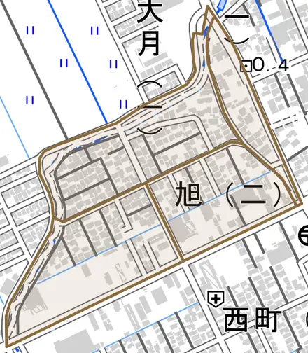 旭とその周辺の地図。町の範囲を重ねている