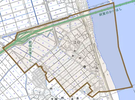 江口とその周辺の地図。町の範囲を重ねている