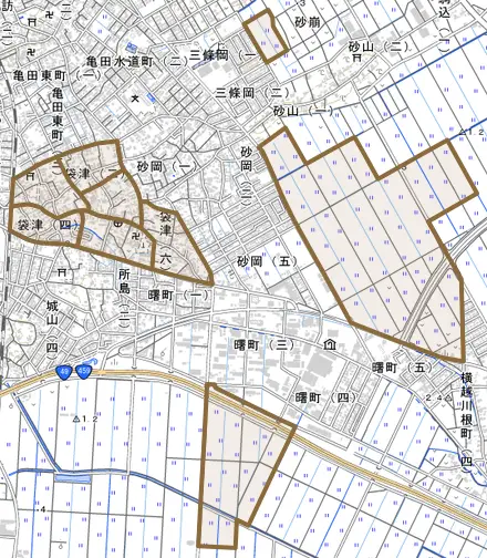 袋津とその周辺の地図。町の範囲を重ねている