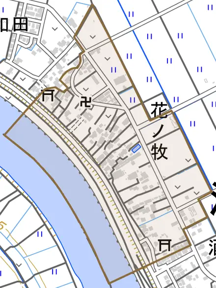 花ノ牧とその周辺の地図。町の範囲を重ねている
