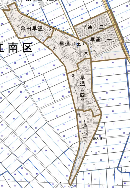 早通とその周辺の地図。町の範囲を重ねている
