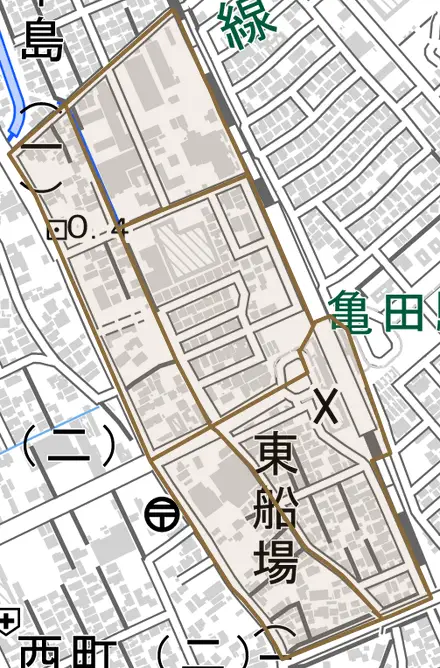 東船場とその周辺の地図。町の範囲を重ねている