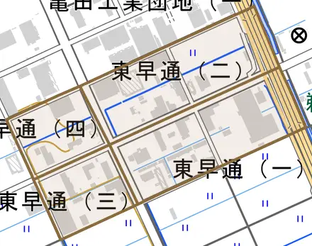東早通とその周辺の地図。町の範囲を重ねている