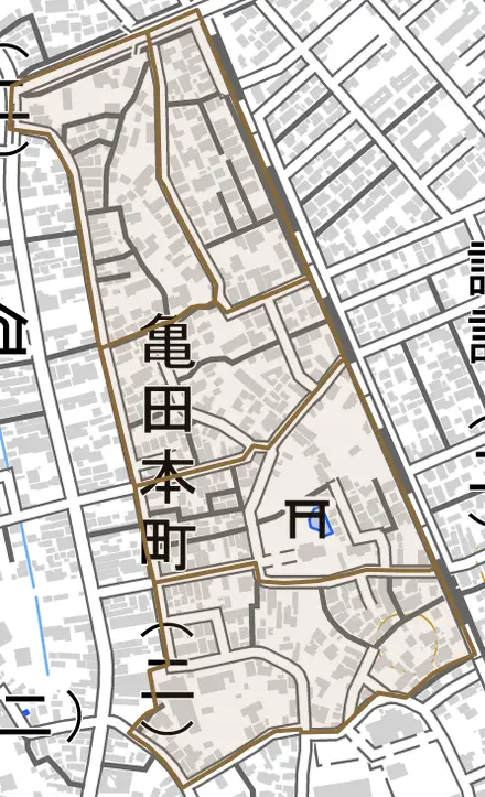 東本町とその周辺の地図。町の範囲を重ねている