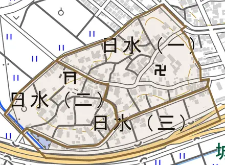 日水とその周辺の地図。町の範囲を重ねている