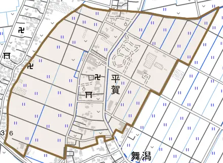 平賀とその周辺の地図。町の範囲を重ねている