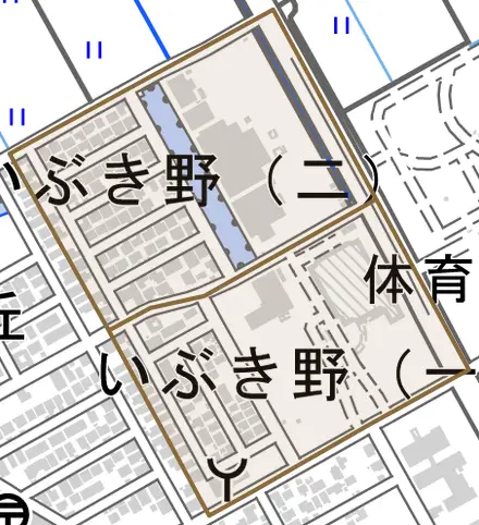 いぶき野とその周辺の地図。町の範囲を重ねている