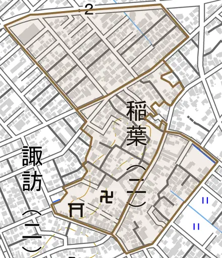稲葉とその周辺の地図。町の範囲を重ねている