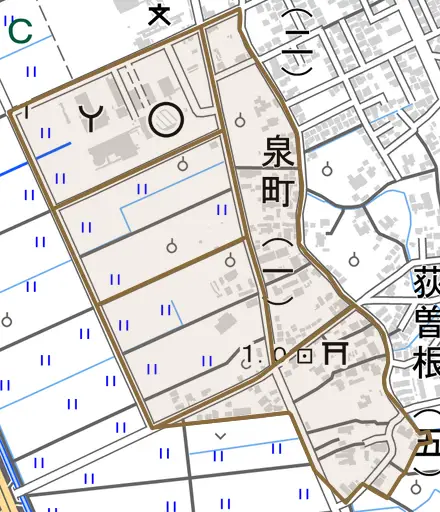 泉町とその周辺の地図。町の範囲を重ねている